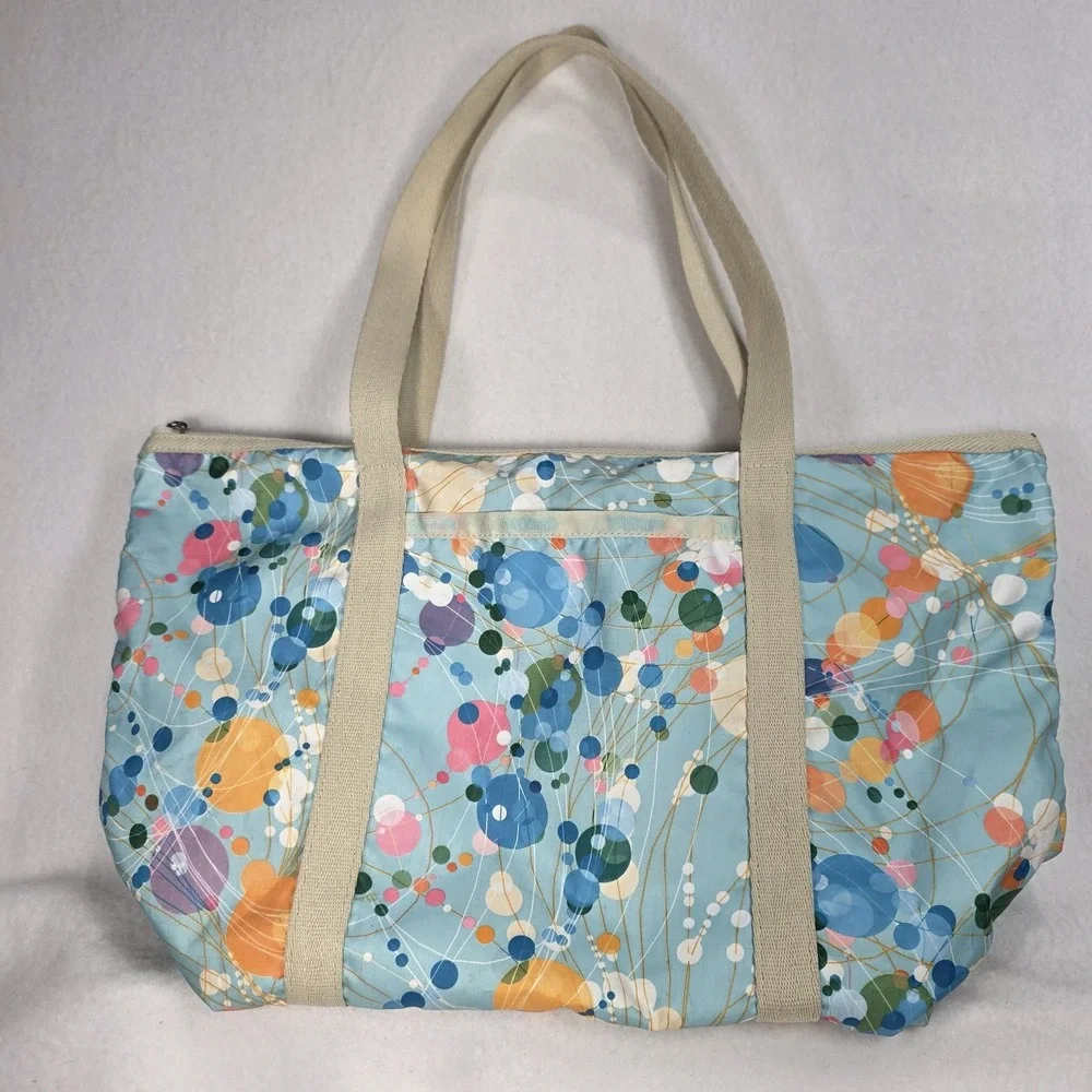 LeSportsac Zip Top Tote Bag Rare Fizz Bubble Pattern Blue Multicolor Travel